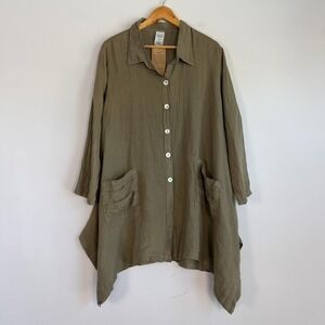 Match Point Linen Lagenlook Tunic Top Medium Olive Green Minimalist Neutral